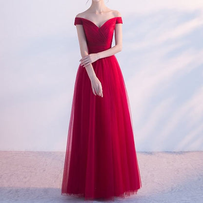 Off-Shoulder Plain Mesh Panel A-Line Evening Gown