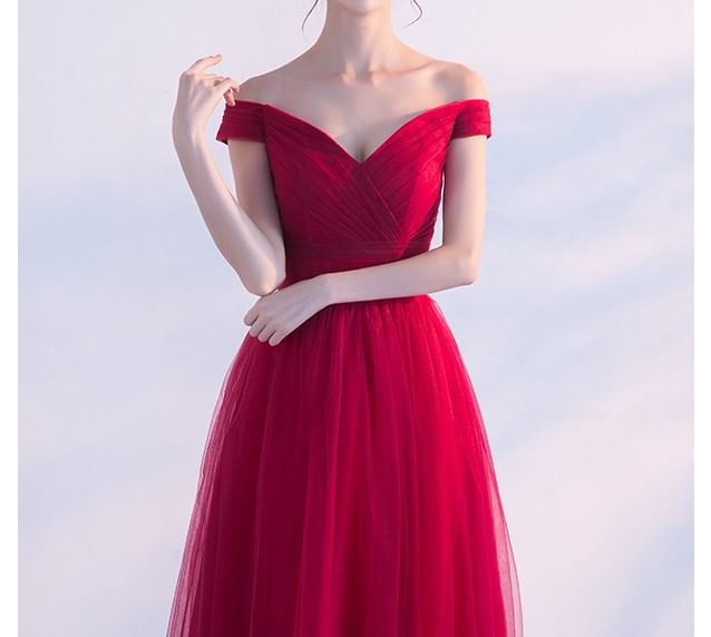Off-Shoulder Plain Mesh Panel A-Line Evening Gown