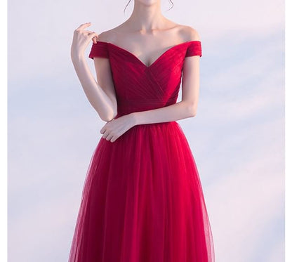 Off-Shoulder Plain Mesh Panel A-Line Evening Gown