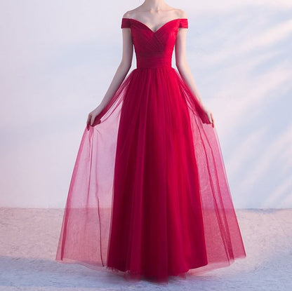 Off-Shoulder Plain Mesh Panel A-Line Evening Gown