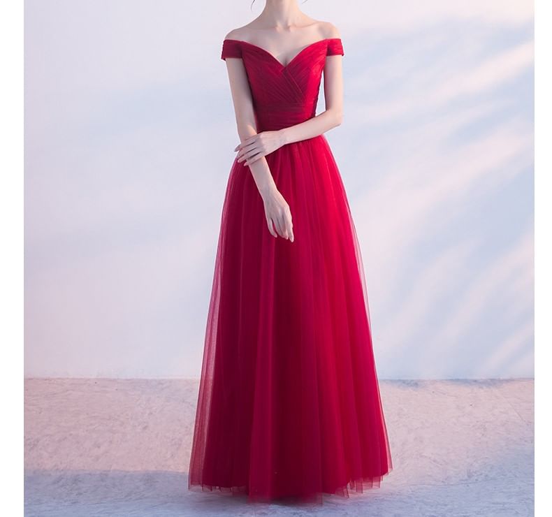 Gown Plain Panel A-Line Evening Off-Shoulder Mesh