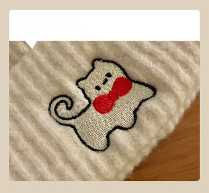 Cat Embroidered Knit Beanie
