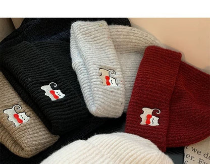 Cat Embroidered Knit Beanie
