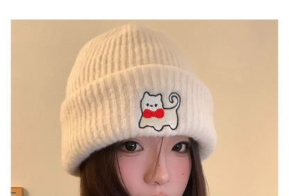 Cat Embroidered Knit Beanie