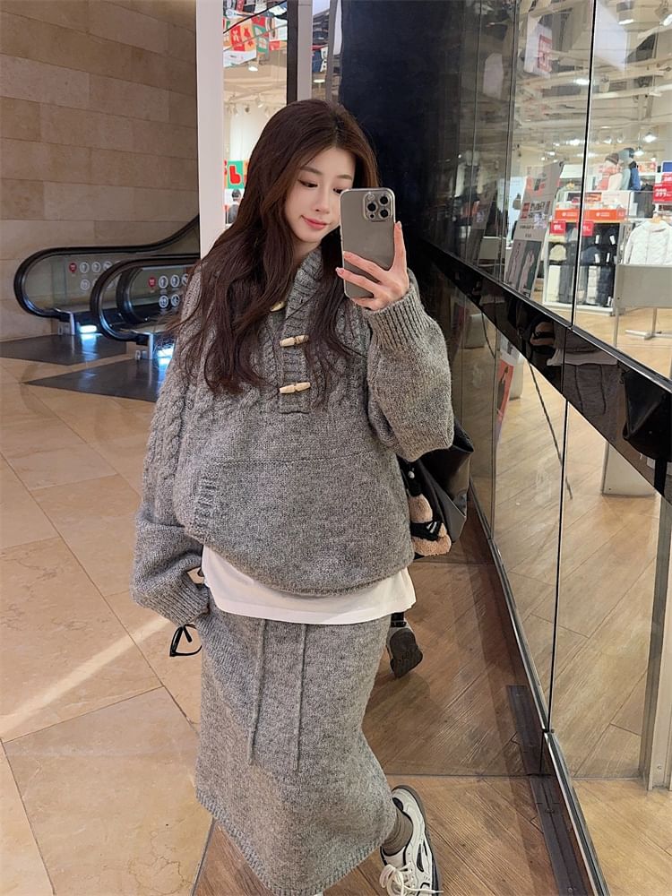 Oversized Hooded Sweater & Knit Pencil Skirt - Henley Style Set