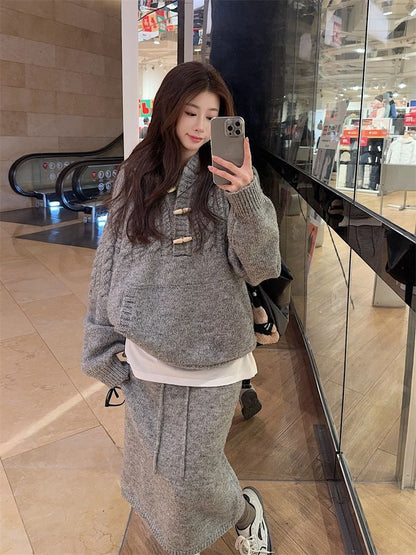 Oversized Hooded Sweater & Knit Pencil Skirt - Henley Style Set