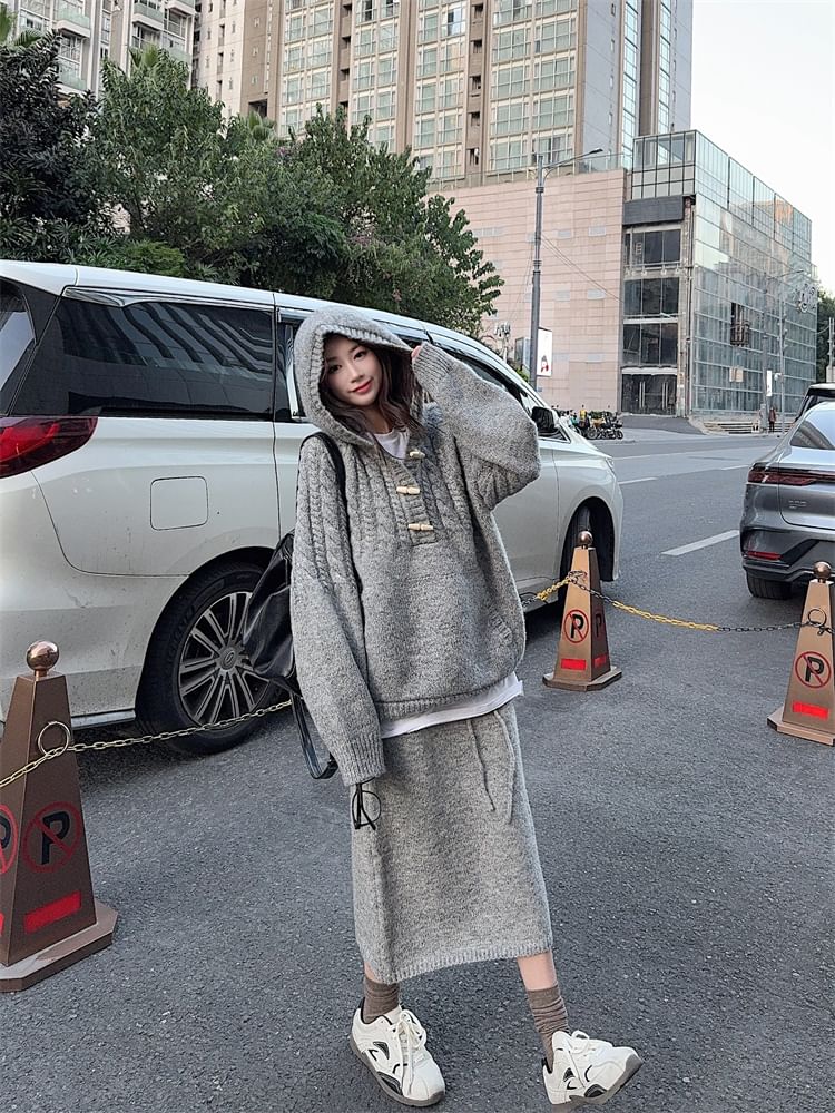 Oversized Hooded Sweater & Knit Pencil Skirt - Henley Style Set