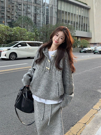 Oversized Hooded Sweater & Knit Pencil Skirt - Henley Style Set