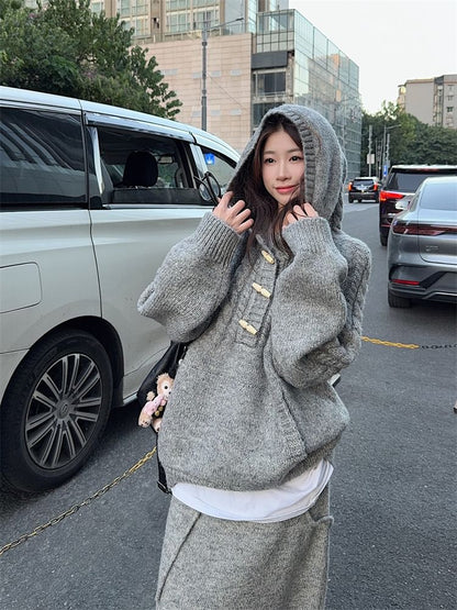 Oversized Hooded Sweater & Knit Pencil Skirt - Henley Style Set