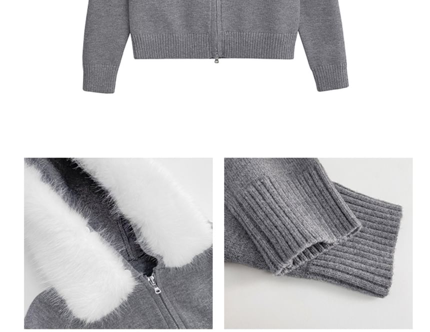 Faux Fur-Trim Hooded Zipper Cardigan