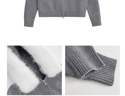 Faux Fur-Trim Hooded Zipper Cardigan