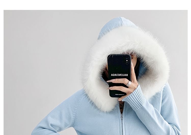 Faux Fur-Trim Hooded Zipper Cardigan