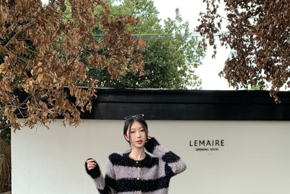 Striped Fluffy Crop Round Neck Cardigan