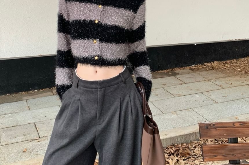 Striped Fluffy Crop Round Neck Cardigan