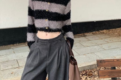 Striped Fluffy Crop Round Neck Cardigan
