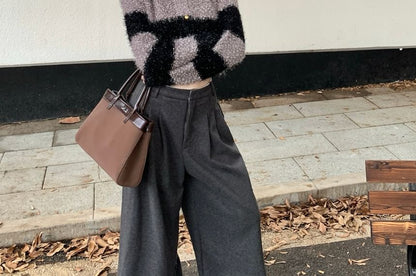 Striped Fluffy Crop Round Neck Cardigan