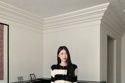 Striped Fluffy Crop Round Neck Cardigan
