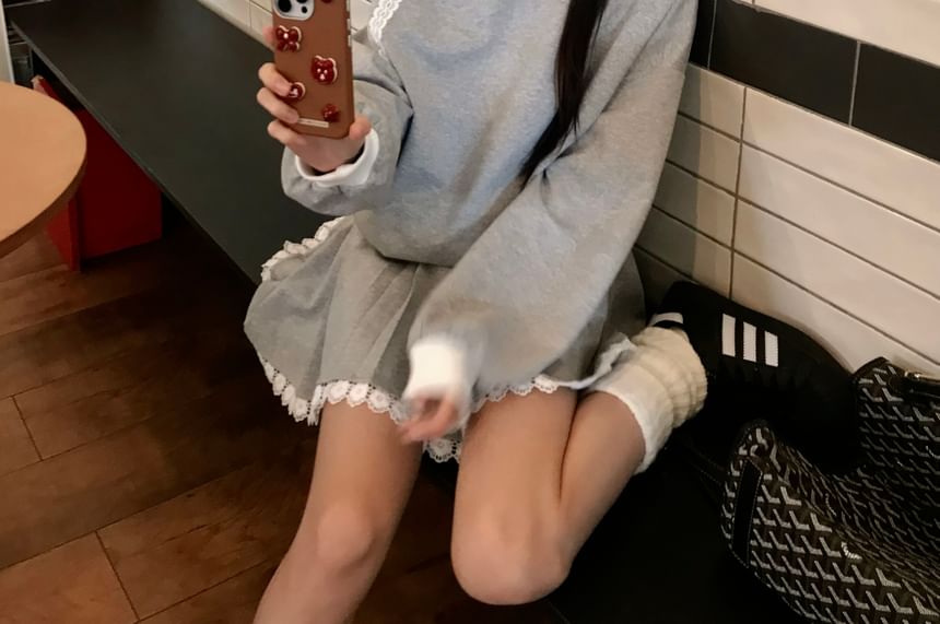 Two-Piece Top & Skirt Set - Lace Panel Sweatshirt with Pleated Mini