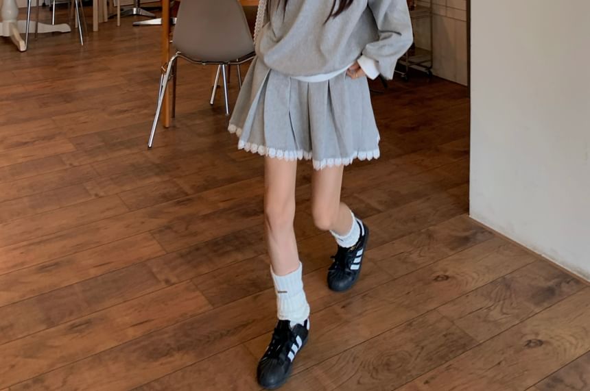Two-Piece Top & Skirt Set - Lace Panel Sweatshirt with Pleated Mini
