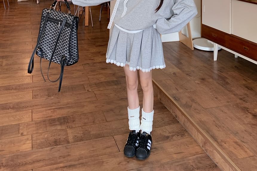 Two-Piece Top & Skirt Set - Lace Panel Sweatshirt with Pleated Mini