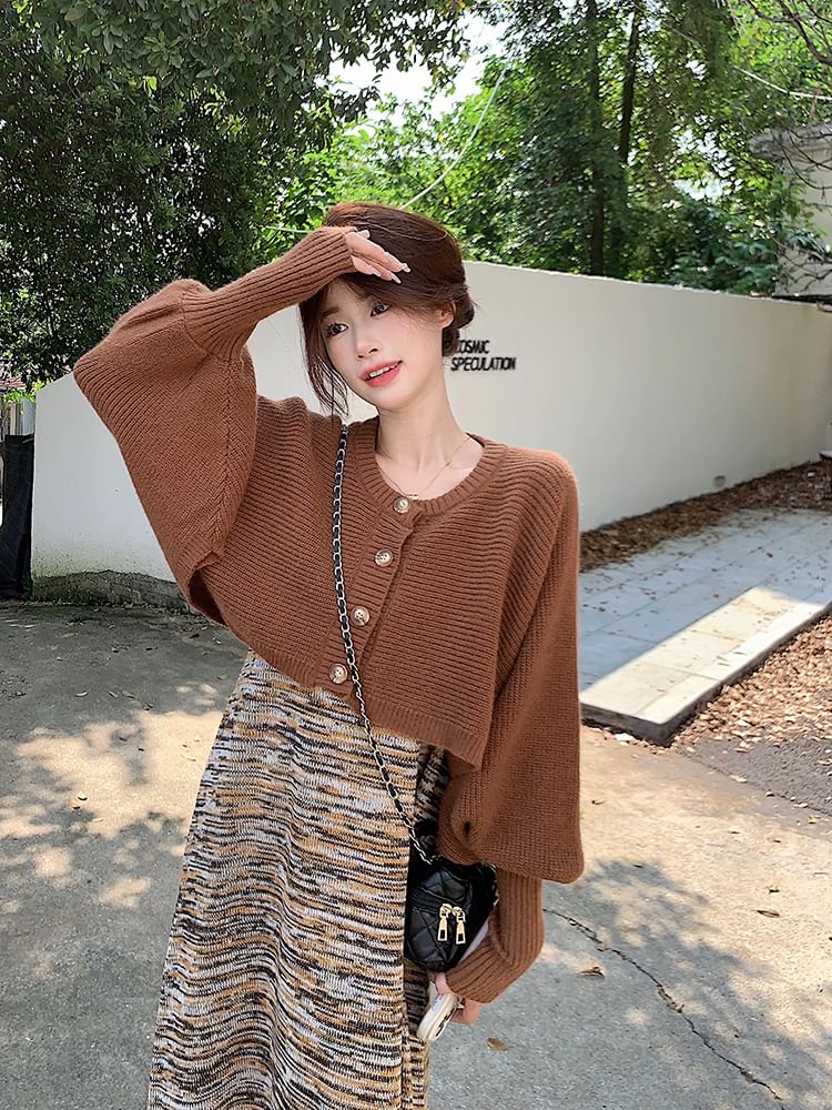 Sleeveless Scoop Neck Fringed Maxi A-Line Knit Dress & Crop Cardigan