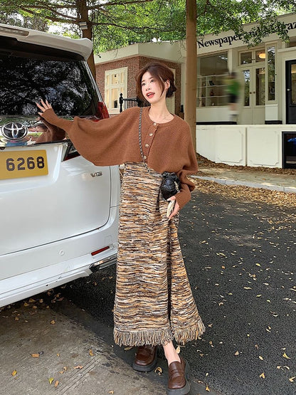 Sleeveless Scoop Neck Fringed Maxi A-Line Knit Dress & Crop Cardigan