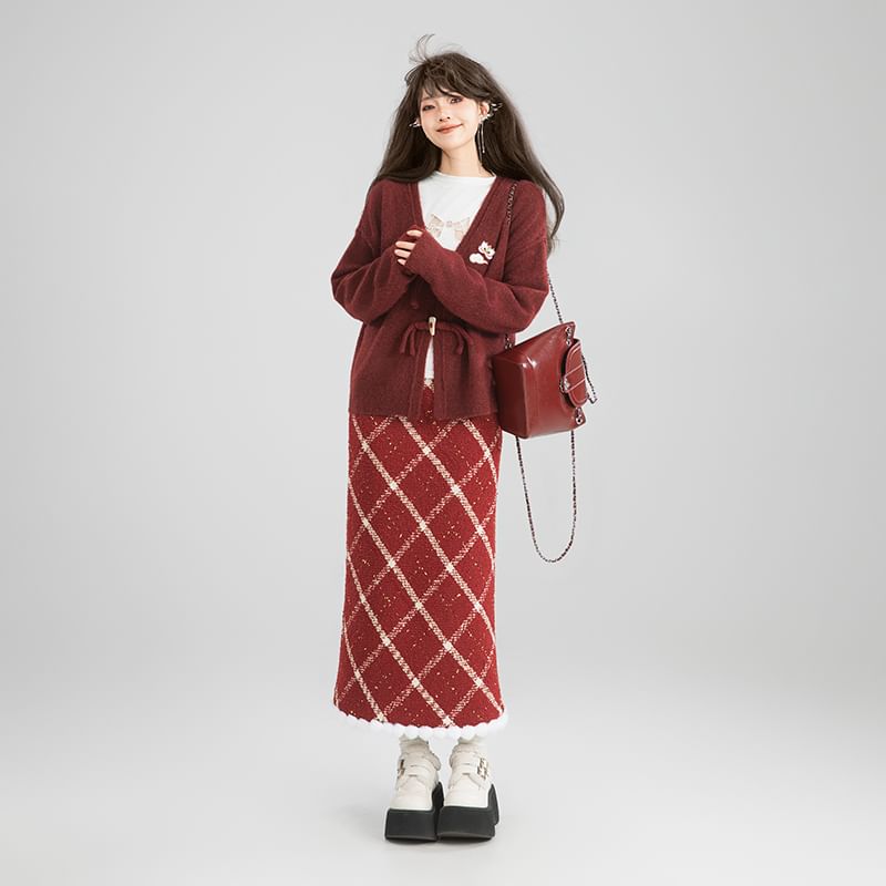 High Waist Gingham Tweed Maxi Skirt