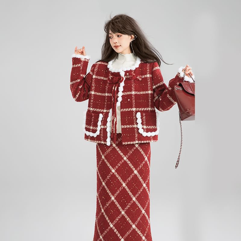 High Waist Gingham Tweed Maxi Skirt