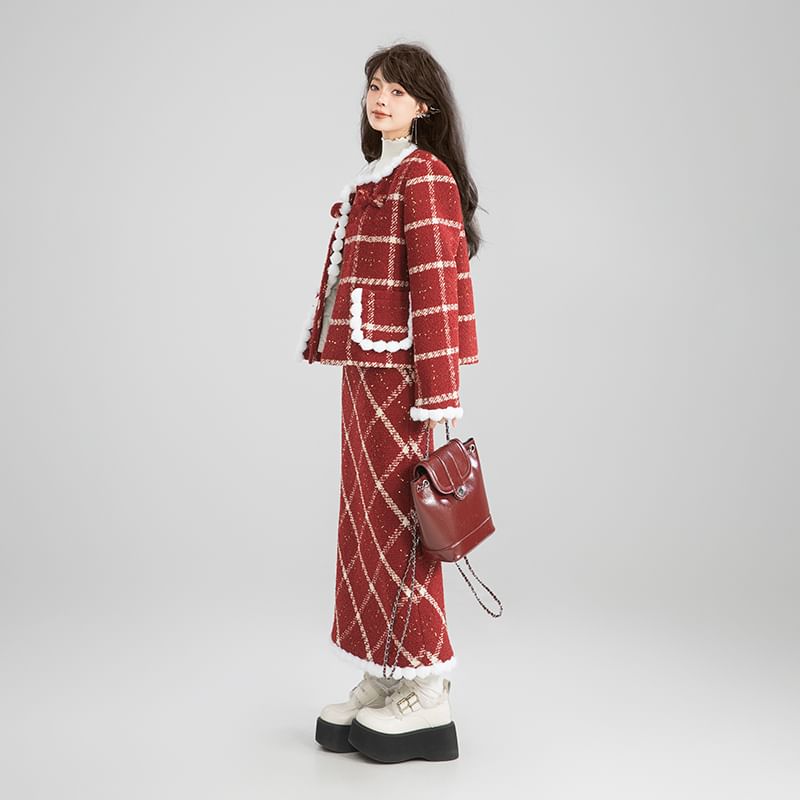 High Waist Gingham Tweed Maxi Skirt