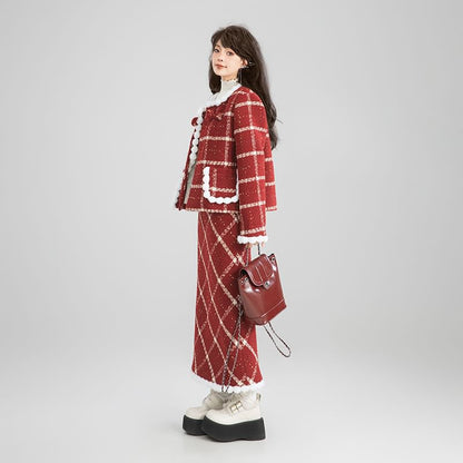 High Waist Gingham Tweed Maxi Skirt