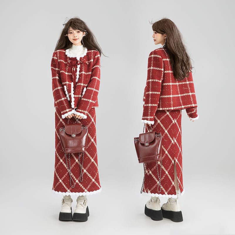 High Waist Gingham Tweed Maxi Skirt