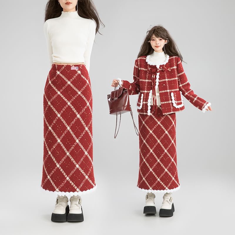 High Waist Gingham Tweed Maxi Skirt