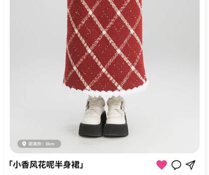 High Waist Gingham Tweed Maxi Skirt