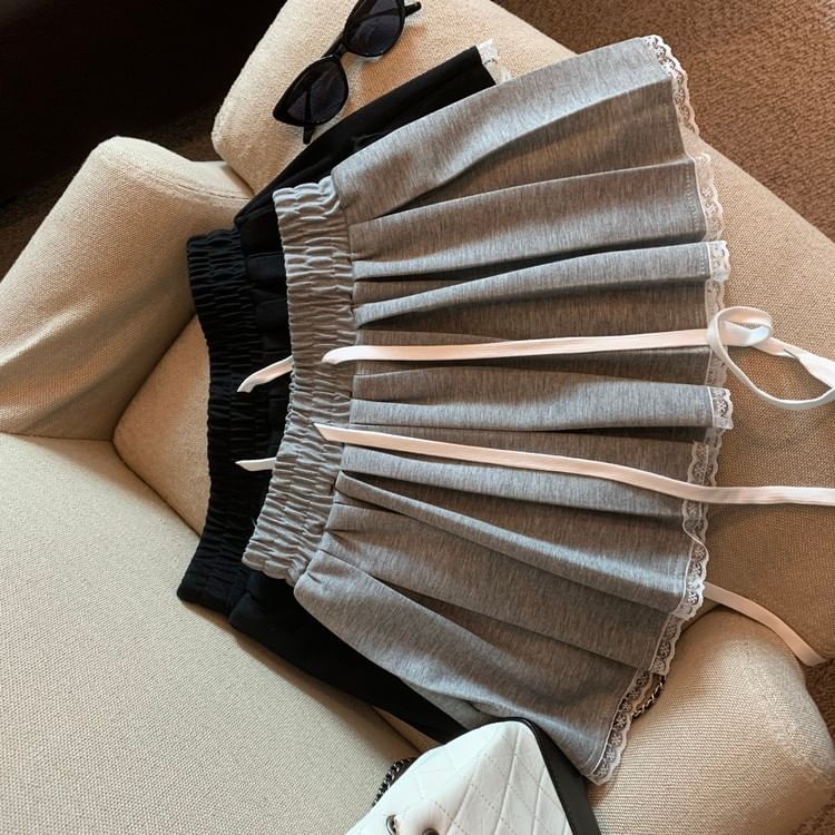 Drawstring Waist Mini Skirt with Pleats & Lace Trim
