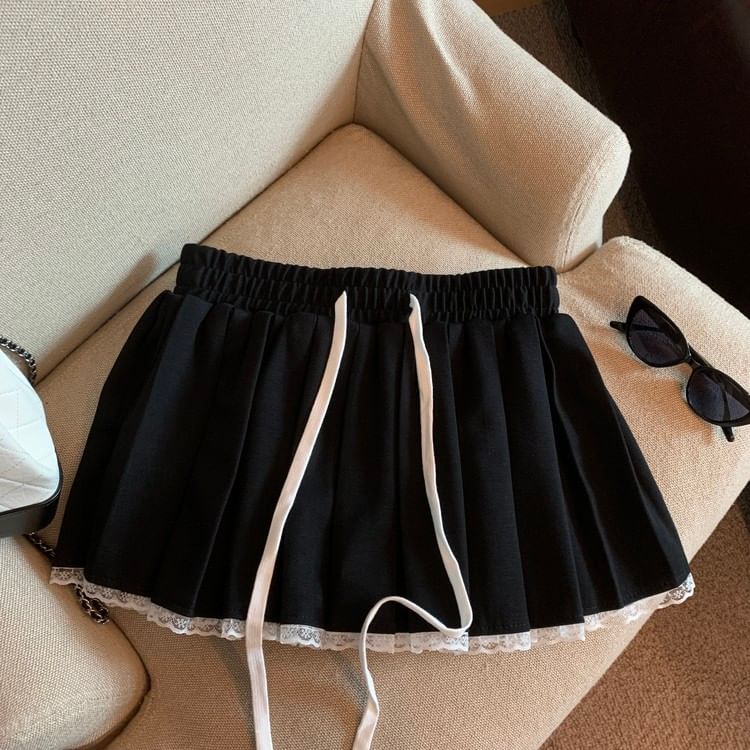 Drawstring Waist Mini Skirt with Pleats & Lace Trim