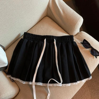 Drawstring Waist Mini Skirt with Pleats & Lace Trim