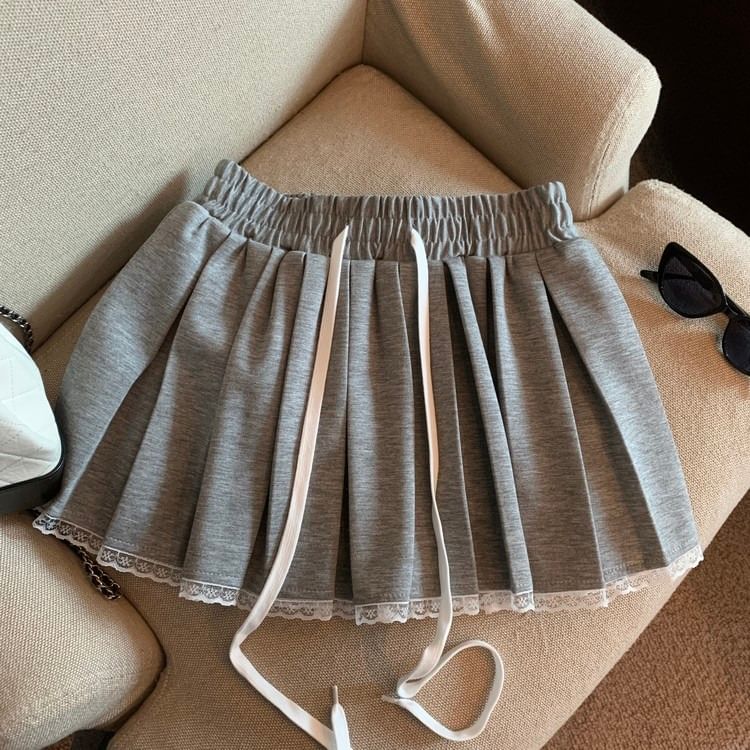 Drawstring Waist Mini Skirt with Pleats & Lace Trim
