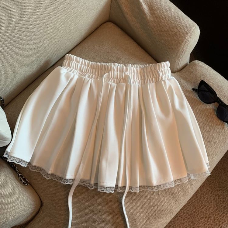 Drawstring Waist Mini Skirt with Pleats & Lace Trim