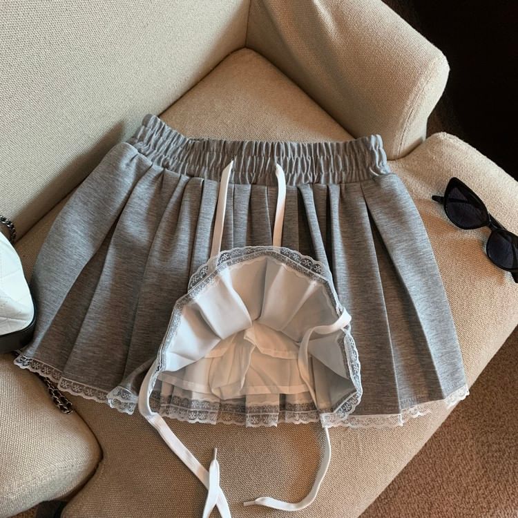 Drawstring Waist Mini Skirt with Pleats & Lace Trim