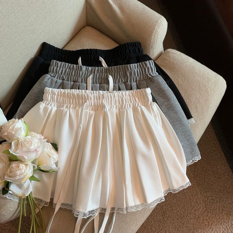 Drawstring Waist Mini Skirt with Pleats & Lace Trim