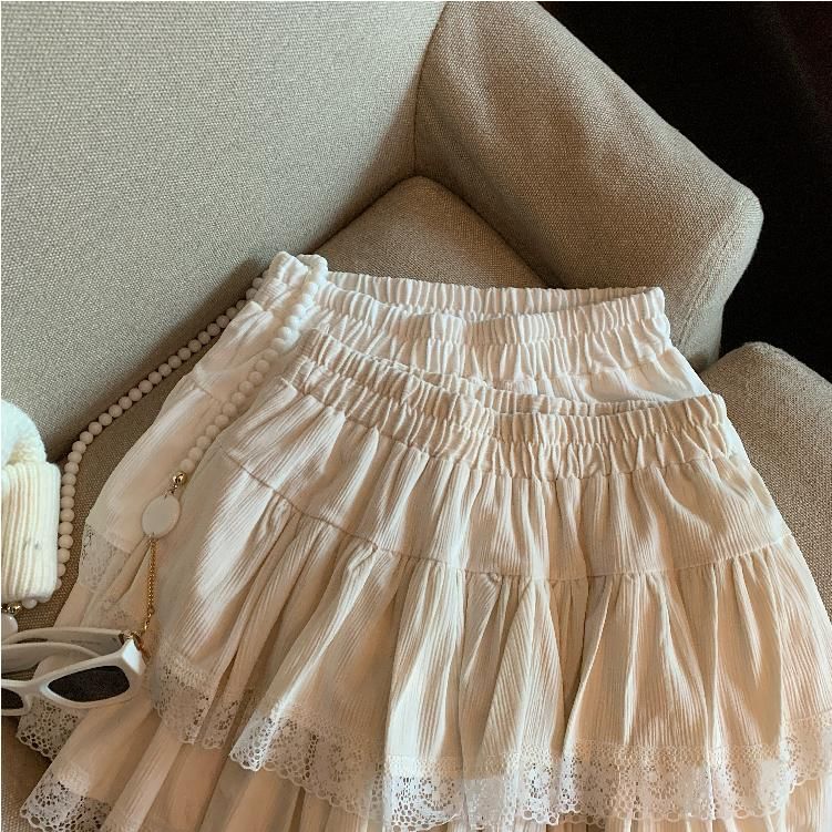 Elastic Waist Tiered Mini Skirt with Lace Trim - A-Line