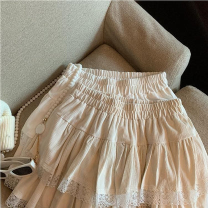Elastic Waist Tiered Mini Skirt with Lace Trim - A-Line
