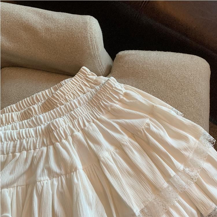 Elastic Waist Tiered Mini Skirt with Lace Trim - A-Line