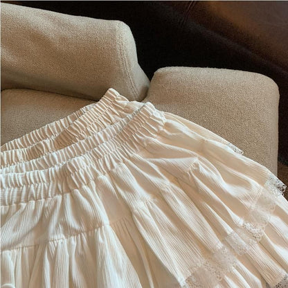 Elastic Waist Tiered Mini Skirt with Lace Trim - A-Line