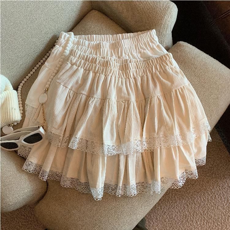 Elastic Waist Tiered Mini Skirt with Lace Trim - A-Line