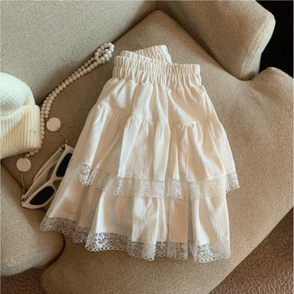 Elastic Waist Tiered Mini Skirt with Lace Trim - A-Line