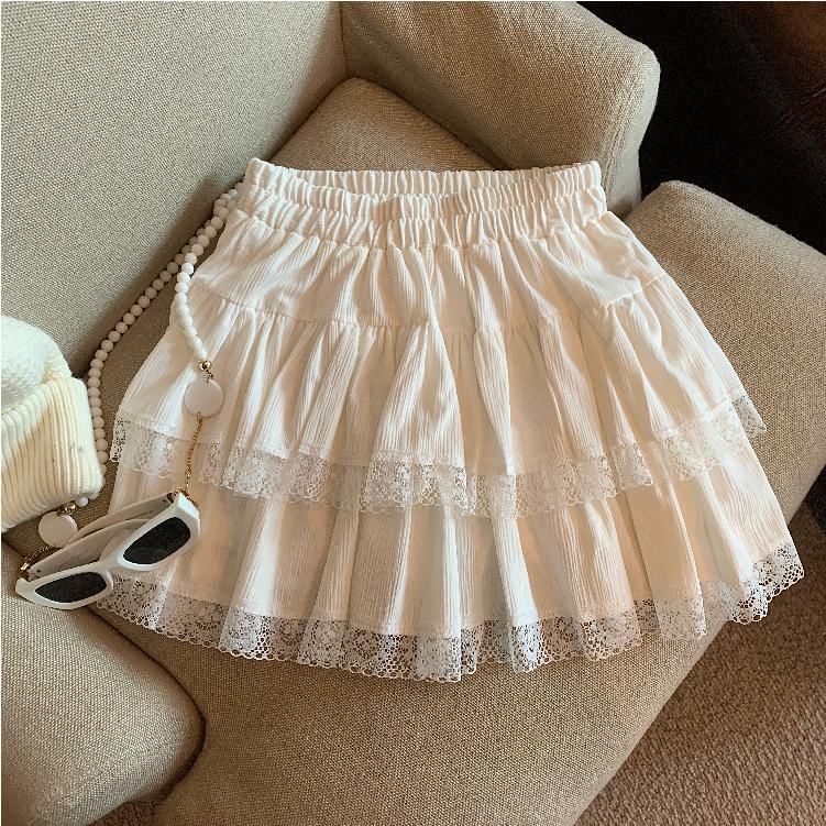 Elastic Waist Tiered Mini Skirt with Lace Trim - A-Line