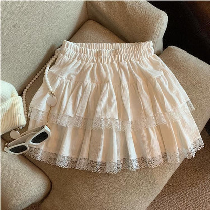 Elastic Waist Tiered Mini Skirt with Lace Trim - A-Line