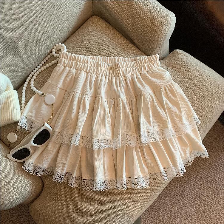 Elastic Waist Tiered Mini Skirt with Lace Trim - A-Line