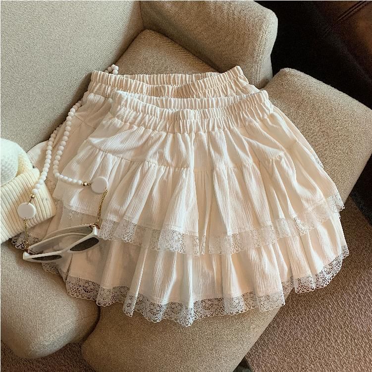 Elastic Waist Tiered Mini Skirt with Lace Trim - A-Line